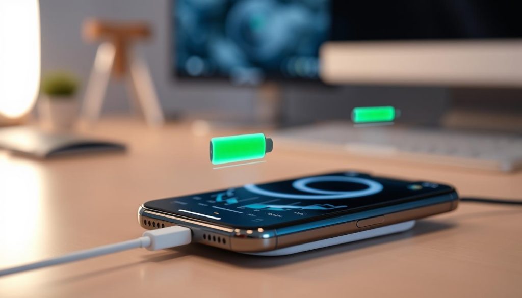 A close-up of an iPhone 17 on a sleek, modern MagSafe charger, showcasing intricate thermal management details. The foreground features the phone with visible graphs and indicators of battery health and temperature levels, emphasizing the impact of MagSafe charging. In the middle ground, a semi-transparent battery icon displays fluctuating levels as it charges. The background is softly blurred, revealing a contemporary tech workspace with ambient lighting, creating a calm yet informative atmosphere. The mood is technical and insightful, evoking curiosity about battery health impacts. Soft, diffused lighting highlights the iPhone's sleek design while maintaining a professional look, captured from a slightly elevated angle to enhance visual interest. A close-up of an iPhone 17 on a sleek, modern MagSafe charger, showcasing intricate thermal management details. The foreground features the phone with visible graphs and indicators of battery health and temperature levels, emphasizing the impact of MagSafe charging. In the middle ground, a semi-transparent battery icon displays fluctuating levels as it charges. The background is softly blurred, revealing a contemporary tech workspace with ambient lighting, creating a calm yet informative atmosphere. The mood is technical and insightful, evoking curiosity about battery health impacts. Soft, diffused lighting highlights the iPhone's sleek design while maintaining a professional look, captured from a slightly elevated angle to enhance visual interest.