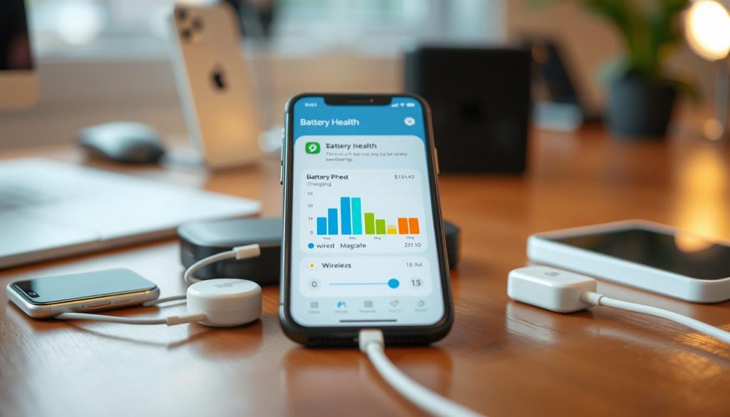 A close-up of an iPhone 17 showcasing its battery health interface and charging speed optimization features. In the foreground, the iPhone screen displays a detailed battery health metric with vibrant icons and graphs representing charging speeds: wired, MagSafe, and wireless. The phone is set on a sleek wooden desk, surrounded by high-tech charging accessories. In the middle ground, a charging cable connects to the device, emphasizing the different charging methods. The background features a soft-focus, modern tech workspace, with warm ambient lighting creating a professional atmosphere. The perspective is slightly angled to capture both the phone and its surrounding elements, emphasizing a sense of innovation and efficiency in battery management. A close-up of an iPhone 17 showcasing its battery health interface and charging speed optimization features. In the foreground, the iPhone screen displays a detailed battery health metric with vibrant icons and graphs representing charging speeds: wired, MagSafe, and wireless. The phone is set on a sleek wooden desk, surrounded by high-tech charging accessories. In the middle ground, a charging cable connects to the device, emphasizing the different charging methods. The background features a soft-focus, modern tech workspace, with warm ambient lighting creating a professional atmosphere. The perspective is slightly angled to capture both the phone and its surrounding elements, emphasizing a sense of innovation and efficiency in battery management.