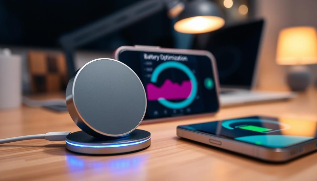 A close-up view of a MagSafe charging system in action, showcasing the magnetic alignment between the charger and an iPhone 17. The foreground features the sleek, circular MagSafe charger, with glowing blue LED indicators highlighting the connection. In the middle ground, the iPhone 17 displays a visual of battery optimization analytics, emphasizing efficient charging. The background is softly blurred, featuring a stylish, modern workspace with ambient lighting that creates a warm, tech-savvy atmosphere. The image should evoke a sense of innovation and reliability, captured with a slight low-angle perspective to convey depth, utilizing soft focus to enhance the main subjects. The lighting should be bright but not harsh, ensuring clarity and inviting warmth. A close-up view of a MagSafe charging system in action, showcasing the magnetic alignment between the charger and an iPhone 17. The foreground features the sleek, circular MagSafe charger, with glowing blue LED indicators highlighting the connection. In the middle ground, the iPhone 17 displays a visual of battery optimization analytics, emphasizing efficient charging. The background is softly blurred, featuring a stylish, modern workspace with ambient lighting that creates a warm, tech-savvy atmosphere. The image should evoke a sense of innovation and reliability, captured with a slight low-angle perspective to convey depth, utilizing soft focus to enhance the main subjects. The lighting should be bright but not harsh, ensuring clarity and inviting warmth.