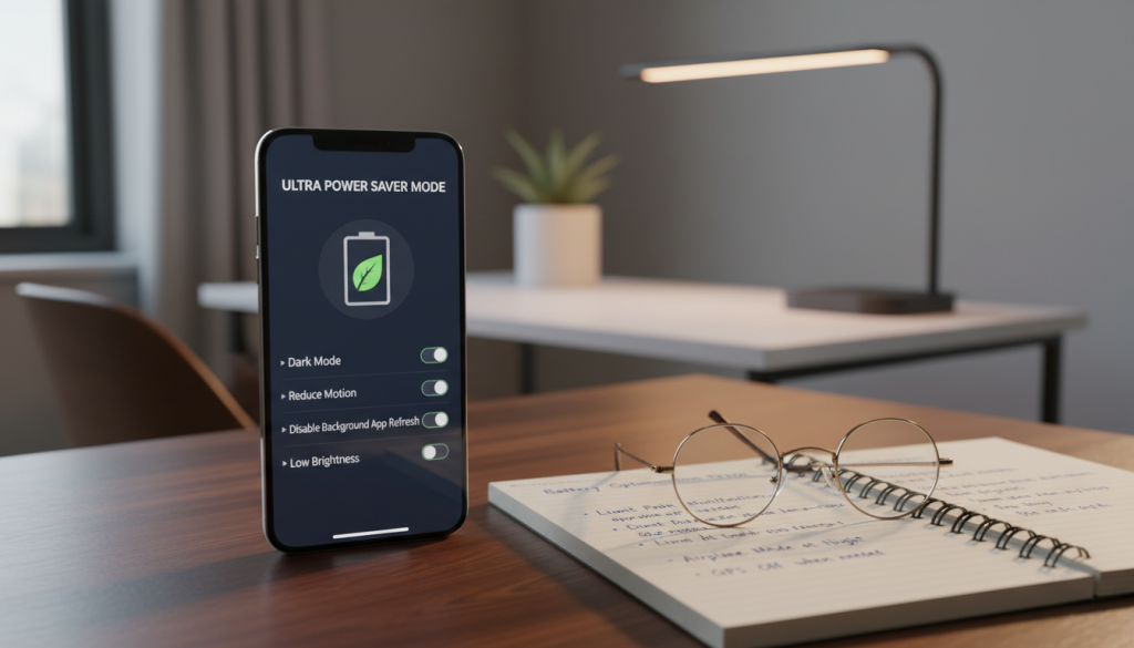 A close-up view of an iPhone 17 lying on a sleek wooden surface, its screen displaying an illustrated battery-saving settings menu. In the foreground, a pair of stylish eyeglasses and a notepad filled with handwritten notes on maximizing battery life. In the middle, a soft-focus background shows a cozy workspace with a small desk plant and a modern lamp, casting warm, ambient light across the scene. The overall mood is serene and productive, evoking a sense of tech-savvy organization. Capture this with a shallow depth of field to emphasize the phone and accessories, using bright, natural lighting to highlight the smartphone's sleek design and the notepad’s details. A close-up view of an iPhone 17 lying on a sleek wooden surface, its screen displaying an illustrated battery-saving settings menu. In the foreground, a pair of stylish eyeglasses and a notepad filled with handwritten notes on maximizing battery life. In the middle, a soft-focus background shows a cozy workspace with a small desk plant and a modern lamp, casting warm, ambient light across the scene. The overall mood is serene and productive, evoking a sense of tech-savvy organization. Capture this with a shallow depth of field to emphasize the phone and accessories, using bright, natural lighting to highlight the smartphone's sleek design and the notepad’s details.