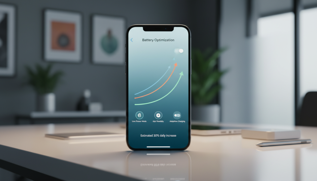 A close-up view of an iPhone 17 on a slick, modern desk, showcasing its sleek design and vibrant screen displaying battery optimization settings. In the foreground, focus on the phone's screen with an interactive interface featuring graphical representations of battery performance metrics and energy-saving options. The middle layer reveals a subtle reflection of soft white ambient lighting, illustrating a serene tech workspace with minimalist accessories. In the background, blur a stylish office environment, with hints of greenery and soft-focus elements to create a calming atmosphere. The overall mood should evoke efficiency and innovation, with a bright yet soft color palette that conveys advanced technology and sophistication. The lens should have a shallow depth of field to emphasize the phone, enhancing the visual appeal without distractions. A close-up view of an iPhone 17 on a slick, modern desk, showcasing its sleek design and vibrant screen displaying battery optimization settings. In the foreground, focus on the phone's screen with an interactive interface featuring graphical representations of battery performance metrics and energy-saving options. The middle layer reveals a subtle reflection of soft white ambient lighting, illustrating a serene tech workspace with minimalist accessories. In the background, blur a stylish office environment, with hints of greenery and soft-focus elements to create a calming atmosphere. The overall mood should evoke efficiency and innovation, with a bright yet soft color palette that conveys advanced technology and sophistication. The lens should have a shallow depth of field to emphasize the phone, enhancing the visual appeal without distractions.