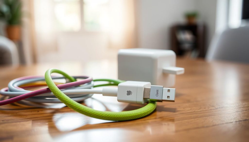 A close-up view of various certified charging cables for iPhone 17, showcasing different lengths and colors, neatly organized on a polished wooden surface. The foreground features a set of colorful cables, with a particularly vibrant green cable coiled elegantly alongside a sleek white one, both marked with official certification logos. In the middle ground, a modern charging adapter lies beside the cables, emphasizing utility and compatibility. The background includes a blurred out home environment, softly lit by natural light filtering through a window, creating a warm and inviting atmosphere. The focus is sharp on the cables, with a slight bokeh effect adding depth to the image, evoking a sense of reliability and innovation in technology. A close-up view of various certified charging cables for iPhone 17, showcasing different lengths and colors, neatly organized on a polished wooden surface. The foreground features a set of colorful cables, with a particularly vibrant green cable coiled elegantly alongside a sleek white one, both marked with official certification logos. In the middle ground, a modern charging adapter lies beside the cables, emphasizing utility and compatibility. The background includes a blurred out home environment, softly lit by natural light filtering through a window, creating a warm and inviting atmosphere. The focus is sharp on the cables, with a slight bokeh effect adding depth to the image, evoking a sense of reliability and innovation in technology.