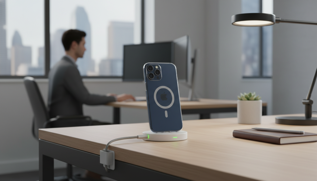 A close-up, well-lit scene showcasing best practices for using MagSafe charging with an iPhone 17. In the foreground, a sleek iPhone 17 is securely aligned with a MagSafe charger on a stylish wooden desk. The iPhone’s battery icon is visible, indicating optimal charging levels. In the middle, a pair of hands wearing a smart watch gently adjust the charger, emphasizing careful handling. The background features a modern home office environment with subtle plants and tech accessories, creating a calming atmosphere. Soft, diffused lighting enhances the scene, highlighting the elegant design of the iPhone and charger. The mood conveys professionalism and tech-savviness, ideal for educating users about battery longevity while using MagSafe. A close-up, well-lit scene showcasing best practices for using MagSafe charging with an iPhone 17. In the foreground, a sleek iPhone 17 is securely aligned with a MagSafe charger on a stylish wooden desk. The iPhone’s battery icon is visible, indicating optimal charging levels. In the middle, a pair of hands wearing a smart watch gently adjust the charger, emphasizing careful handling. The background features a modern home office environment with subtle plants and tech accessories, creating a calming atmosphere. Soft, diffused lighting enhances the scene, highlighting the elegant design of the iPhone and charger. The mood conveys professionalism and tech-savviness, ideal for educating users about battery longevity while using MagSafe.