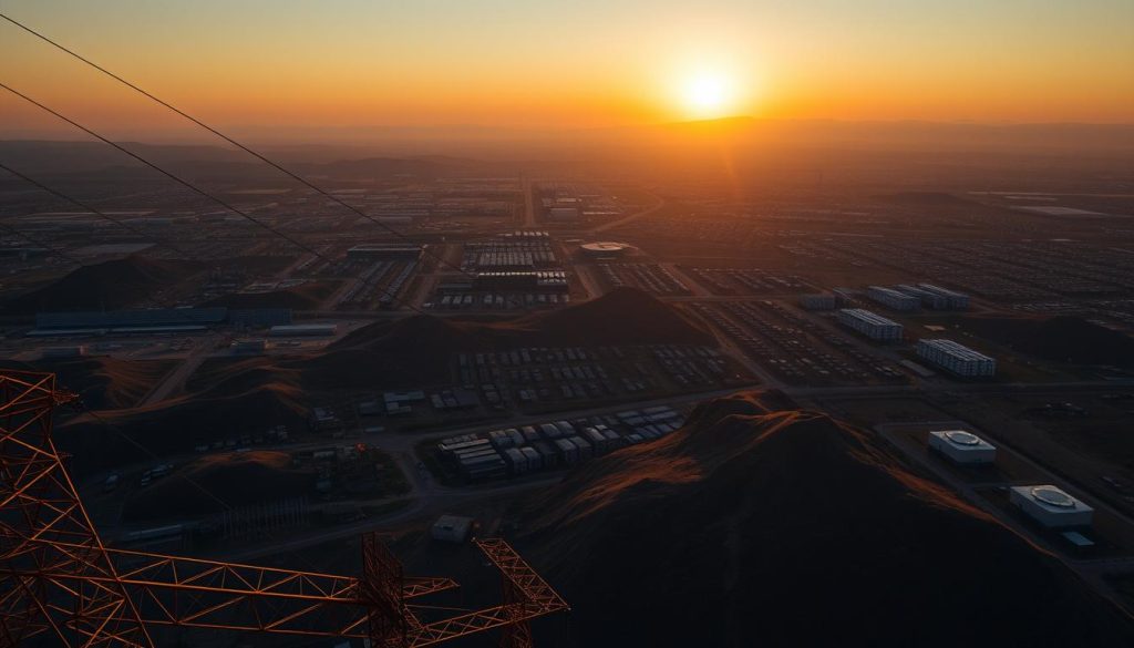 A detailed aerial view of Iran's energy network, showcasing a sprawling grid of power lines, substations, and energy facilities amidst a varied landscape of mountains and urban areas. In the foreground, intricate details of power lines crisscrossing above, with solar panels and wind turbines visible near the cities. The middle layer includes a blend of infrastructural elements like electrical towers and energy storage facilities. The background features a sunset casting a dramatic golden hue over the horizon, creating shadows that emphasize the vastness of the network. The atmosphere is tense and somber, reflecting the critical nature of energy infrastructure. The scene is captured with a wide-angle lens to enhance depth and perspective, under clear lighting to highlight the intricacies of the power grid. A detailed aerial view of Iran's energy network, showcasing a sprawling grid of power lines, substations, and energy facilities amidst a varied landscape of mountains and urban areas. In the foreground, intricate details of power lines crisscrossing above, with solar panels and wind turbines visible near the cities. The middle layer includes a blend of infrastructural elements like electrical towers and energy storage facilities. The background features a sunset casting a dramatic golden hue over the horizon, creating shadows that emphasize the vastness of the network. The atmosphere is tense and somber, reflecting the critical nature of energy infrastructure. The scene is captured with a wide-angle lens to enhance depth and perspective, under clear lighting to highlight the intricacies of the power grid.