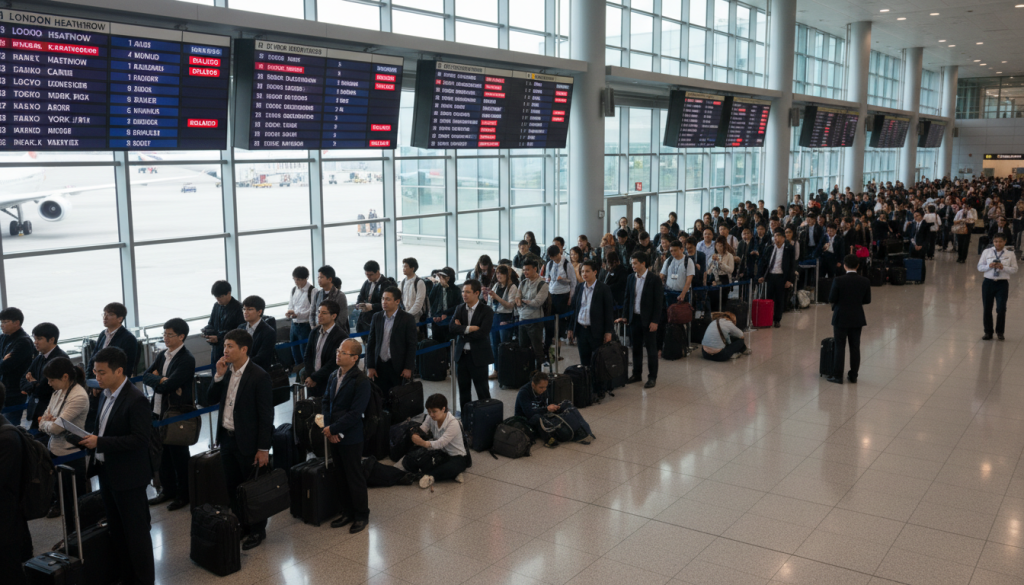 A digital illustration showcasing a global travel alerts theme amid geopolitical tensions. In the foreground, a diverse group of travelers, dressed in professional business attire, is seen consulting travel documents and a smartphone displaying a world map with various highlighted alert areas. The middle layer features iconic landmarks from different countries such as the Eiffel Tower, the Great Wall of China, and the Statue of Liberty, subtly illuminated. The background includes a stylized globe highlighted with red dots representing travel alerts, creating a sense of urgency. The lighting is dramatic yet informative, with cool tones conveying a serious atmosphere. The angle captures both the urgency and contemplation of travelers preparing for international journeys in uncertain times.