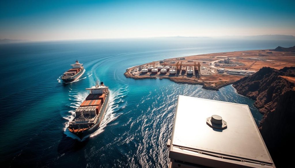 A dramatic aerial view of the Strait of Hormuz, capturing the essence of a vital maritime chokepoint. In the foreground, several large cargo ships navigate the narrow waters, their hulls reflecting the sunlight. In the middle ground, a rugged coastline with rocky cliffs contrasts with the azure sea, while oil tankers wait at a port, symbolizing international trade. The background features a hazy horizon with distant mountains and a clear blue sky, conveying a sense of tension and urgency. The lighting is bright, highlighting the stark colors of the scene, and the angle emphasizes the strategic importance of this shipping route. The mood is tense and foreboding, hinting at geopolitical tensions in the region.