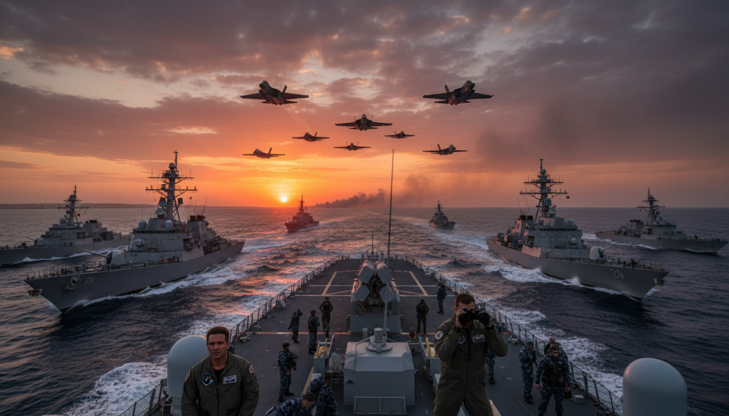 A dramatic scene capturing military escalation in the Strait of Hormuz. In the foreground, an imposing naval fleet of modern warships, featuring advanced missile systems, is positioned for readiness on turbulent waters. Sailors in professional naval attire work efficiently on the deck, focused and alert. In the middle ground, fighter jets soar through the sky, their silhouettes contrasted against a vibrant sunset, signifying both tension and urgency. The background reveals a distant coastline, with a hint of smoke rising from conflict, indicating a simmering crisis. The mood is tense and foreboding, with dynamic lighting highlighting the action and the impending sense of conflict. The angle is slightly elevated, providing a panoramic view of this strategic maritime flashpoint.