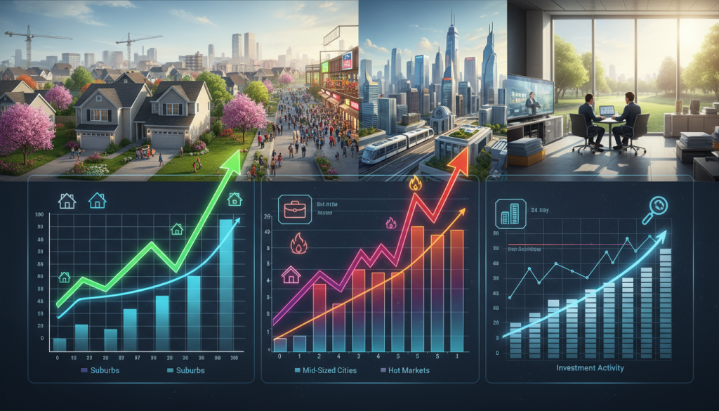 A dynamic visual representation of the real estate market trends in Q1 2026, showcasing four distinct market types: suburbs, mid-sized cities, hot markets, and investment activity. In the foreground, graph lines and analytic charts illustrate rising and falling home values, highlighted with vibrant colors to depict varying trends. The middle ground features a bustling suburban neighborhood with cozy homes and manicured lawns, alongside a mid-sized city skyline featuring modern architecture. In the background, a vibrant hot market scene displays busy street activity, while a quiet investment environment is represented by a serene office space with professionals in business attire analyzing data. Soft natural lighting casts a hopeful mood, with a wide-angle perspective that captures the complexity of the real estate landscape without any text or branding.