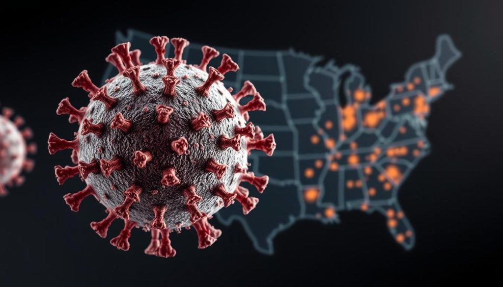A highly detailed visualization of the Omicron variant as a complex, textured virus particle, prominently displayed in the foreground, exhibiting unique mutations and a spherical shape adorned with spike proteins resembling crystalline structures. In the middle ground, a stylized representation of the Delta variant, slightly more subdued in color, highlights the differences between variants. The background features an abstract depiction of a map of the United States, subtly indicating the spread with glowing hotspots in warmer colors to represent areas affected. Soft, controlled lighting casts intricate shadows, emphasizing the virus detail while creating a serious and urgent atmosphere. The overall mood conveys concern and scientific inquiry, suitable for a professional article context, with no text or distractions present. A highly detailed visualization of the Omicron variant as a complex, textured virus particle, prominently displayed in the foreground, exhibiting unique mutations and a spherical shape adorned with spike proteins resembling crystalline structures. In the middle ground, a stylized representation of the Delta variant, slightly more subdued in color, highlights the differences between variants. The background features an abstract depiction of a map of the United States, subtly indicating the spread with glowing hotspots in warmer colors to represent areas affected. Soft, controlled lighting casts intricate shadows, emphasizing the virus detail while creating a serious and urgent atmosphere. The overall mood conveys concern and scientific inquiry, suitable for a professional article context, with no text or distractions present.