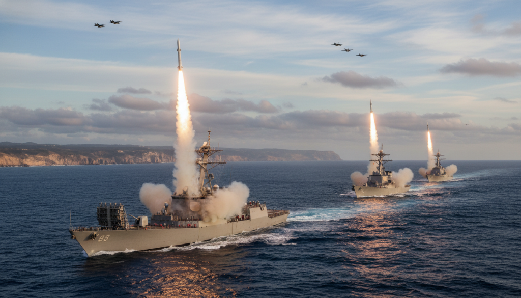 A military facility set in a sunlit landscape, showcasing various munitions readiness for potential operations. In the foreground, detailed images of modern artillery, missile systems, and drones displayed in an organized manner on a concrete parade ground. The middle ground features military personnel in professional attire, engaged in strategic discussions, examining maps and tactical plans. In the background, a clear blue sky illuminates rugged, mountainous terrain, symbolizing the tension of the region. The scene captures a sense of urgency and preparedness, with dynamic lighting casting sharp shadows and highlighting the hardware's metallic surfaces. The atmosphere is tense yet disciplined, illustrating the operational readiness amidst the ongoing regional geopolitical events. The camera angle is slightly elevated, providing a broad overview of the facility and its activities. A military facility set in a sunlit landscape, showcasing various munitions readiness for potential operations. In the foreground, detailed images of modern artillery, missile systems, and drones displayed in an organized manner on a concrete parade ground. The middle ground features military personnel in professional attire, engaged in strategic discussions, examining maps and tactical plans. In the background, a clear blue sky illuminates rugged, mountainous terrain, symbolizing the tension of the region. The scene captures a sense of urgency and preparedness, with dynamic lighting casting sharp shadows and highlighting the hardware's metallic surfaces. The atmosphere is tense yet disciplined, illustrating the operational readiness amidst the ongoing regional geopolitical events. The camera angle is slightly elevated, providing a broad overview of the facility and its activities.
