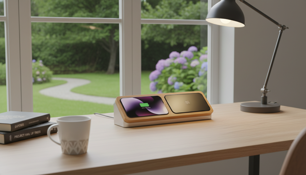 A modern, efficient charging dock designed specifically for the iPhone 17 sits prominently on a sleek wooden desk in a cozy home office setting. In the foreground, the charging dock features a minimalist design made of premium materials, showcasing its dual wireless charging pads with the iPhone 17 easily resting on one. The middle ground highlights a stylish coffee cup and a stack of books, adding a personal touch. In the background, soft ambient lighting from a desk lamp creates a warm, inviting atmosphere. A window reveals a glimpse of a tranquil outdoor scene, enhancing the sense of a serene workspace. The image is captured in a bright, clear composition, with an emphasis on modern technology and a comfortable home environment. A modern, efficient charging dock designed specifically for the iPhone 17 sits prominently on a sleek wooden desk in a cozy home office setting. In the foreground, the charging dock features a minimalist design made of premium materials, showcasing its dual wireless charging pads with the iPhone 17 easily resting on one. The middle ground highlights a stylish coffee cup and a stack of books, adding a personal touch. In the background, soft ambient lighting from a desk lamp creates a warm, inviting atmosphere. A window reveals a glimpse of a tranquil outdoor scene, enhancing the sense of a serene workspace. The image is captured in a bright, clear composition, with an emphasis on modern technology and a comfortable home environment.