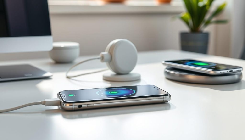 A modern workspace featuring an iPhone 17 in various charging scenarios. In the foreground, showcase the iPhone 17 connected to a wired charger with a sleek, high-speed cable, its screen displaying a fast-charging animation. In the middle ground, illustrate a MagSafe charger with the iPhone magnetically aligned, highlighting the convenience of wireless charging. In the background, depict a stylish wireless charging pad with the iPhone resting on it. Use bright, natural lighting to create an inviting atmosphere, and capture the scene with a shallow depth of field to focus on the charging devices. The mood should convey innovation and technological advancement, emphasizing the efficiency of the iPhone 17's charging capabilities. A modern workspace featuring an iPhone 17 in various charging scenarios. In the foreground, showcase the iPhone 17 connected to a wired charger with a sleek, high-speed cable, its screen displaying a fast-charging animation. In the middle ground, illustrate a MagSafe charger with the iPhone magnetically aligned, highlighting the convenience of wireless charging. In the background, depict a stylish wireless charging pad with the iPhone resting on it. Use bright, natural lighting to create an inviting atmosphere, and capture the scene with a shallow depth of field to focus on the charging devices. The mood should convey innovation and technological advancement, emphasizing the efficiency of the iPhone 17's charging capabilities.