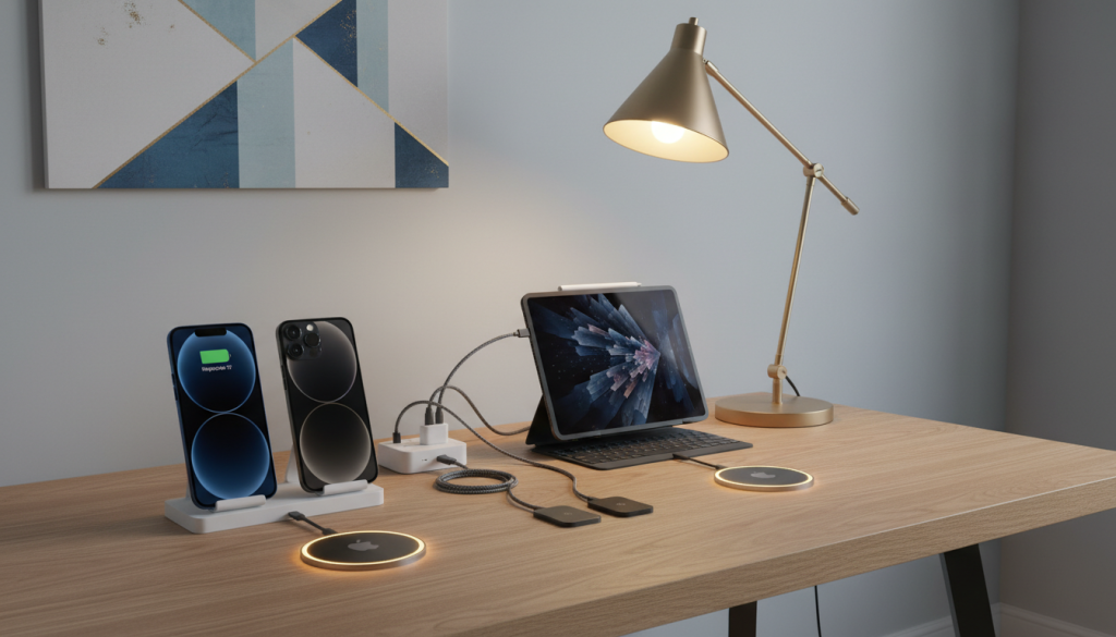 A sleek and organized home charging station setup for an iPhone 17, prominently featured on a modern wooden desk. In the foreground, two Apple MagSafe chargers gently illuminate the sleek design of the iPhone 17, with a tidy arrangement of cables and accessories including a compact power strip, coiled charging cables, and an iPad. The middle ground showcases a stylish lamp casting warm, ambient light, while a minimalistic wall art piece adds personality to the backdrop. The scene is captured from a slightly elevated angle to emphasize the layout, inviting a sense of professionalism and order. The mood is calm and focused, perfectly illustrating an efficient and aesthetic charging station. A sleek and organized home charging station setup for an iPhone 17, prominently featured on a modern wooden desk. In the foreground, two Apple MagSafe chargers gently illuminate the sleek design of the iPhone 17, with a tidy arrangement of cables and accessories including a compact power strip, coiled charging cables, and an iPad. The middle ground showcases a stylish lamp casting warm, ambient light, while a minimalistic wall art piece adds personality to the backdrop. The scene is captured from a slightly elevated angle to emphasize the layout, inviting a sense of professionalism and order. The mood is calm and focused, perfectly illustrating an efficient and aesthetic charging station.