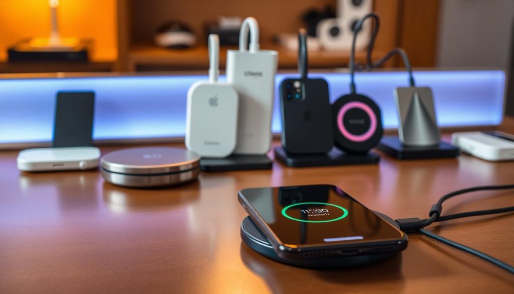 A sleek, modern setup showcasing a wireless charging speed test comparison. In the foreground, an iPhone 17 is placed on a stylish, minimalistic wireless charging pad, with a digital speed meter displaying charging rates. The middle section features various wireless chargers in a row, each distinct in design and brand, highlighting their unique features, like LED indicators. The background is softly blurred, featuring elegant tech paraphernalia like chargers and cables, illuminated by warm, ambient lighting to create a sophisticated atmosphere. The scene is shot at a slight angle, emphasizing the iPhone and chargers while maintaining clarity. The overall mood is modern and tech-savvy, perfect for illustrating wireless charging performance. A sleek, modern setup showcasing a wireless charging speed test comparison. In the foreground, an iPhone 17 is placed on a stylish, minimalistic wireless charging pad, with a digital speed meter displaying charging rates. The middle section features various wireless chargers in a row, each distinct in design and brand, highlighting their unique features, like LED indicators. The background is softly blurred, featuring elegant tech paraphernalia like chargers and cables, illuminated by warm, ambient lighting to create a sophisticated atmosphere. The scene is shot at a slight angle, emphasizing the iPhone and chargers while maintaining clarity. The overall mood is modern and tech-savvy, perfect for illustrating wireless charging performance.