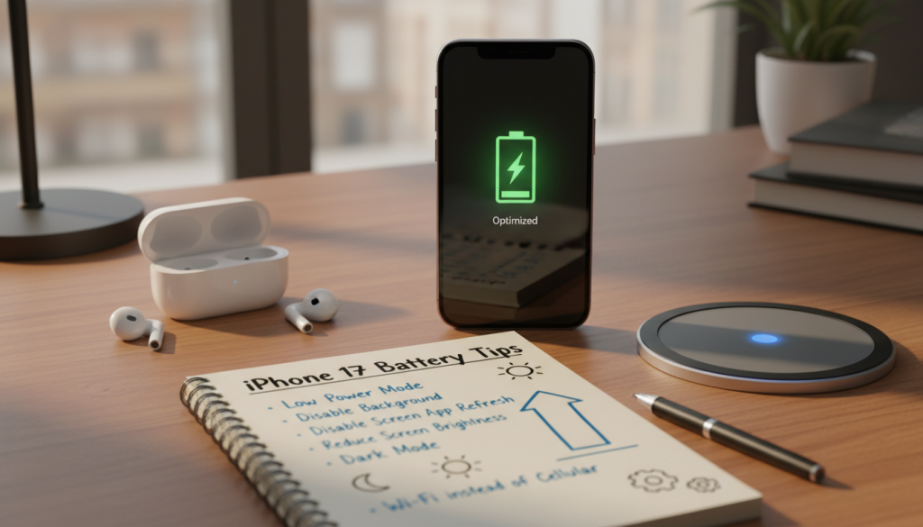 A visually engaging image illustrating battery optimization tips for the iPhone 17. In the foreground, a sleek iPhone 17 sits on a polished wooden table, its screen displaying a vibrant battery icon reflecting a high charge. Surrounding the phone are modern tech accessories like wireless earbuds and a charging pad. In the middle ground, an open notebook with handwritten notes and diagrams about battery-saving techniques is visible. In the background, soft, ambient lighting creates a relaxed atmosphere, suggesting a cozy workspace. The scene is shot from a slightly elevated angle, highlighting both the iPhone and the notes. The overall mood is informative yet inviting, encouraging users to explore effective ways to enhance their battery life. A visually engaging image illustrating battery optimization tips for the iPhone 17. In the foreground, a sleek iPhone 17 sits on a polished wooden table, its screen displaying a vibrant battery icon reflecting a high charge. Surrounding the phone are modern tech accessories like wireless earbuds and a charging pad. In the middle ground, an open notebook with handwritten notes and diagrams about battery-saving techniques is visible. In the background, soft, ambient lighting creates a relaxed atmosphere, suggesting a cozy workspace. The scene is shot from a slightly elevated angle, highlighting both the iPhone and the notes. The overall mood is informative yet inviting, encouraging users to explore effective ways to enhance their battery life.